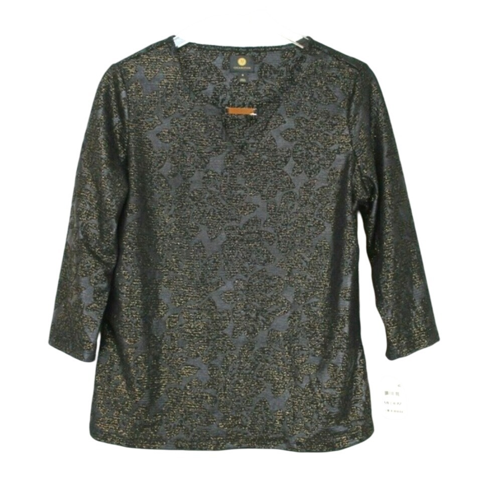 JM Collection Black Gold‎ Metallic Top Keyhole Embossed Floral 3/4 Sleeve Large